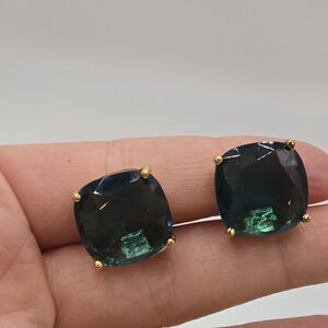 Vintage Blue Green Emerald Color Glass Open Back Clip On Statement Earrings